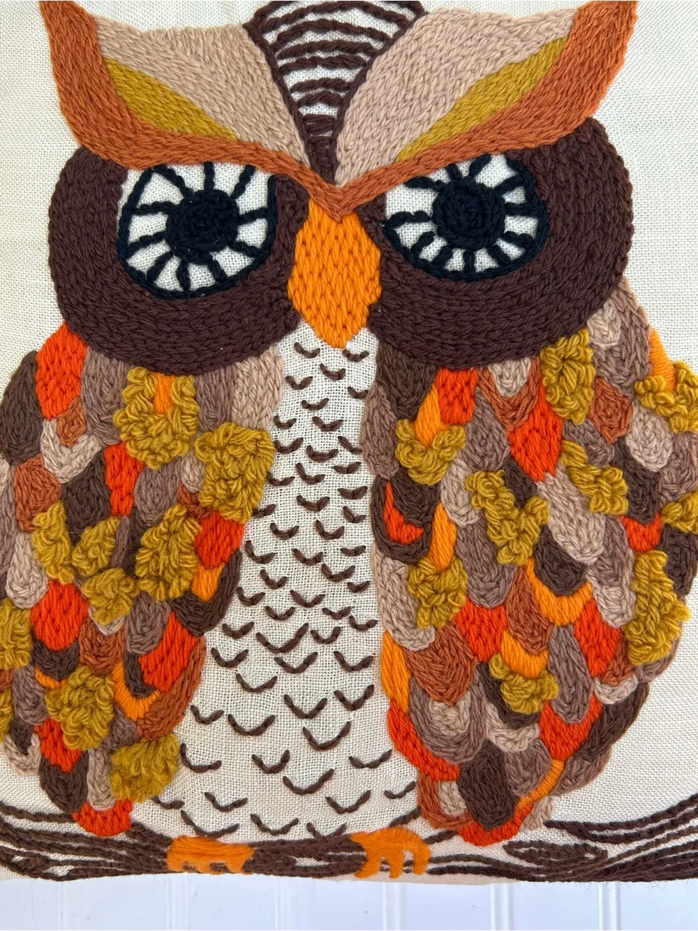 Vintage Pillow Owl Crewel Embroidered Decorative Throw Autumn Tones 13x13